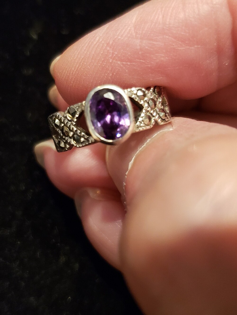 Sz 4.75 Amethyst & Sterling Silver Stamped Ring, Vintage Art Deco Marcasite